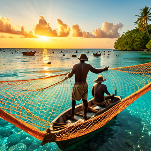 Home 11 **Image Prompt:** "A vibrant scene depicting Indigenous fishermen using traditional nets in crystal-clear waters, surrounded by healthy coral reefs and diverse marine life. The sun is setting, casting a golden glow on the water. The focus is on sustainable fishing practices and harmony with nature."