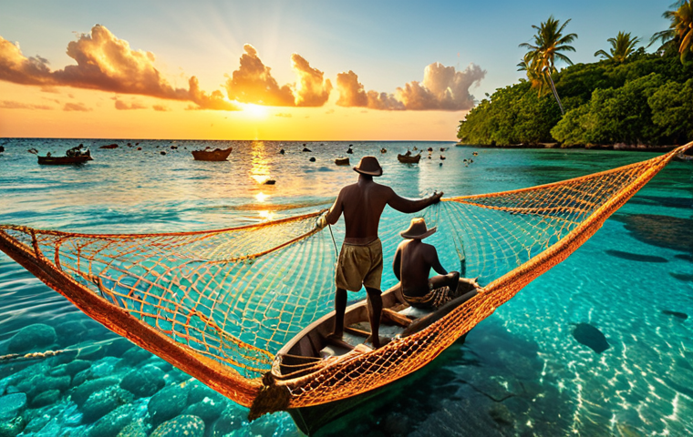 **Image Prompt:** "A vibrant scene depicting Indigenous fishermen using traditional nets in crystal-clear waters, surrounded by healthy coral reefs and diverse marine life. The sun is setting, casting a golden glow on the water. The focus is on sustainable fishing practices and harmony with nature."