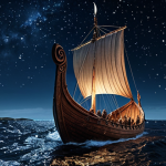 **Stargazing Vikings:** A longship sailing under a clear night sky filled with constellations. Depict Vikings using the stars to navigate, with a focus on their knowledge of the night sky and the wind.