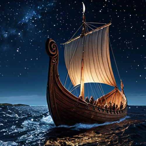**Stargazing Vikings:** A longship sailing under a clear night sky filled with constellations. Depict Vikings using the stars to navigate, with a focus on their knowledge of the night sky and the wind.