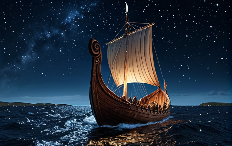**Stargazing Vikings:** A longship sailing under a clear night sky filled with constellations. Depict Vikings using the stars to navigate, with a focus on their knowledge of the night sky and the wind.